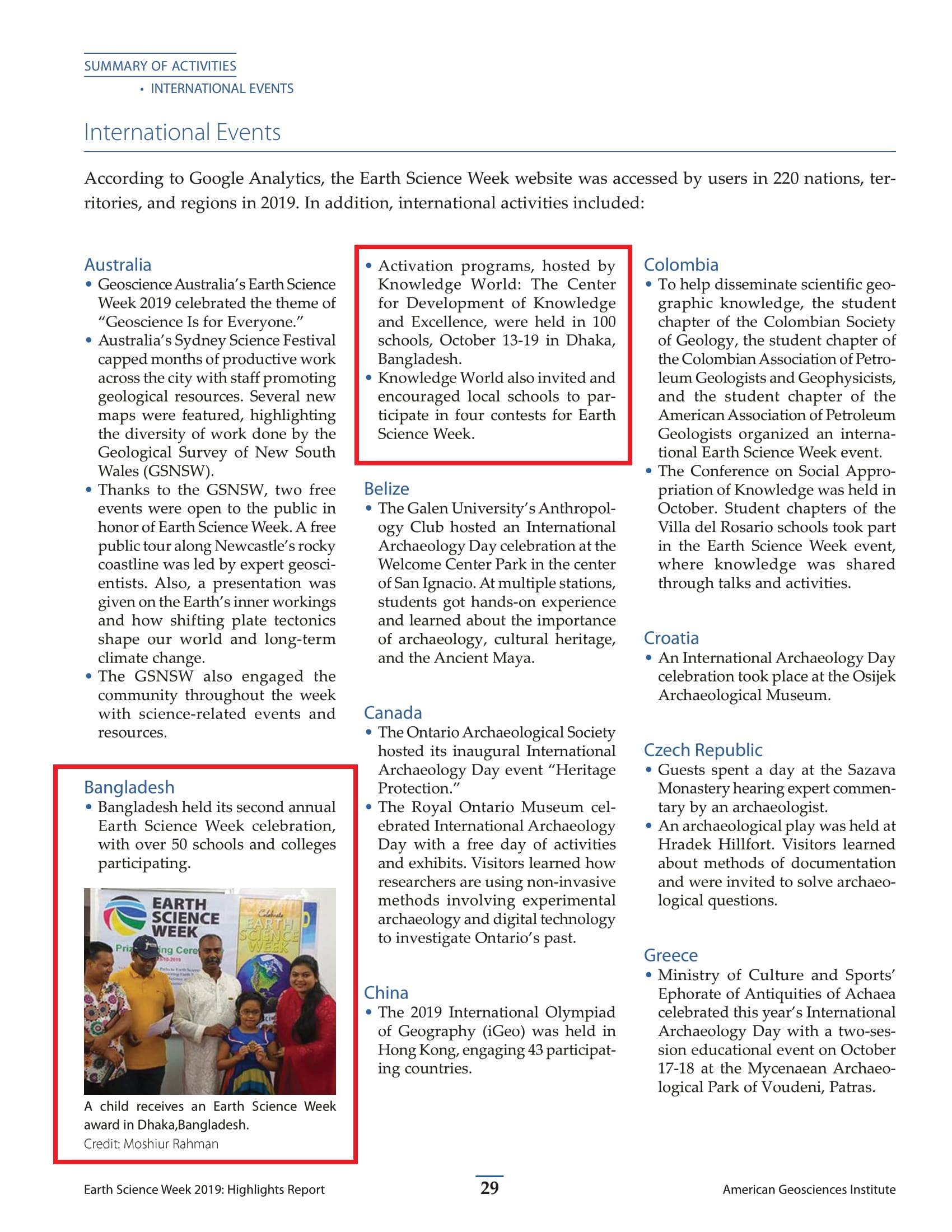 Earth Science Week report showing international activities and events